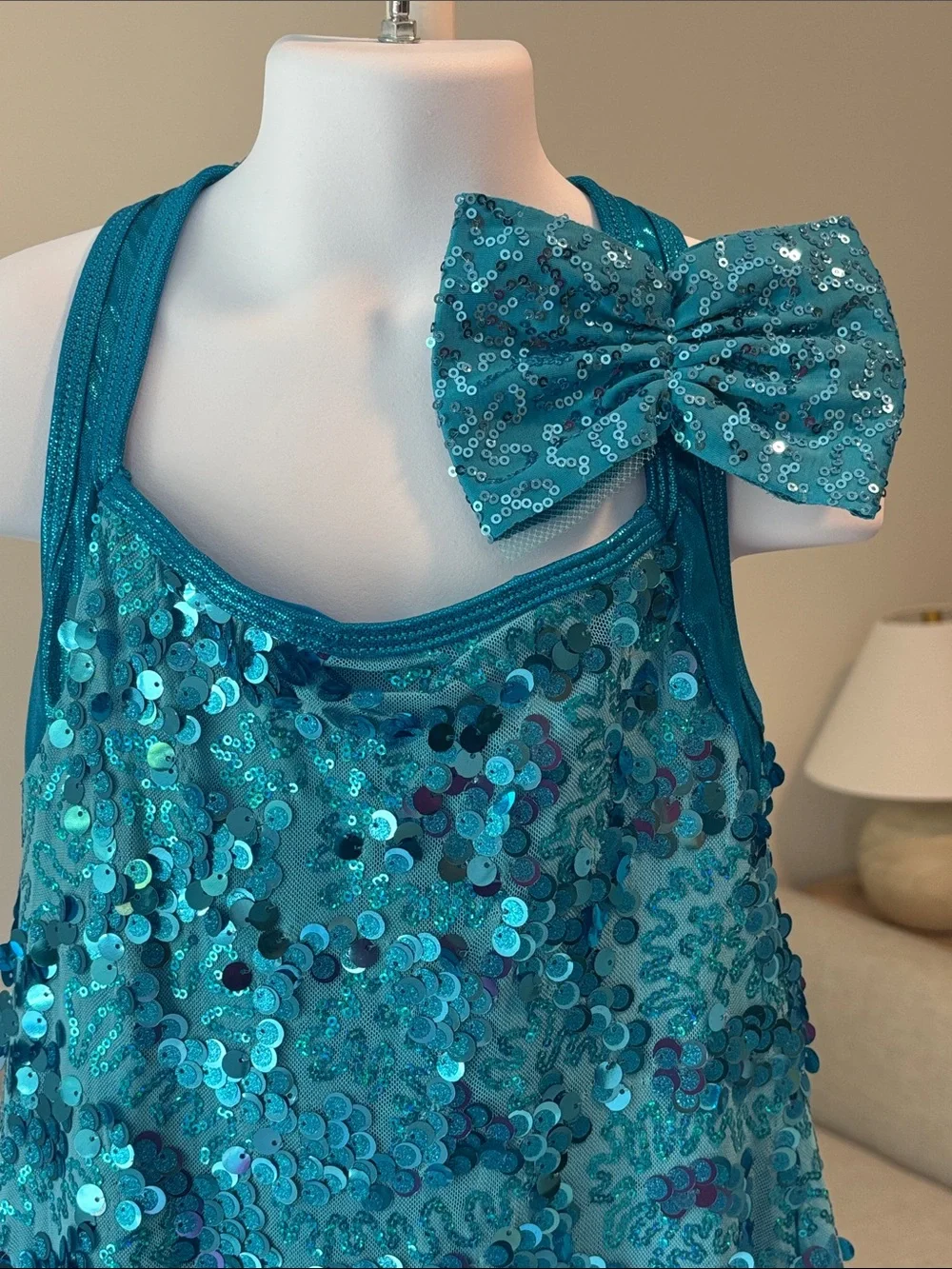 Girls Sparkling Blue Sequin Halter Dance Costume Dress with Bow Hair Clip